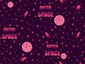 Outer space seamless pattern with spaceships, asteroids and stars in the retro style