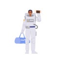 Space tourist happy young male cosmonaut carrying suitcase luggage and boarding pass ready for trip