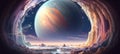 outer space alien planet landscape with giant exoplanet moon and stars - generative AI