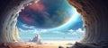 outer space alien planet landscape with giant exoplanet moon and stars - generative AI