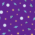 Outer space vector seamless pattern on purple Royalty Free Stock Photo