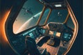 Outer view of cockpit spaceship window with control system room.