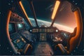 Outer view of cockpit spaceship window with control system room.