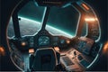Outer view of cockpit spaceship window with control system room.