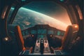 Outer view of cockpit spaceship window with control system room.