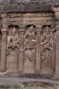 Outer wall of cave 16, facade detail with Karthikeya, Agni and Vayu, Hindu Caves, Ellora, Aurangabad, Maharashtra