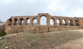 The outer wall of the hippodrome in the ruins of the great Roman city of Jerash - Gerasa, destroyed by an earthquake in 749 AD, lo