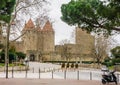 View of Outer wall and towers of Carcassonne fortification. France