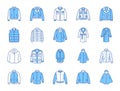 Outerwear clothes doodle illustration including icons - waterproof raincoat, windbreaker, parka, wind cheater, tracksuit