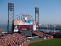 Outfield, packed bleachers, Scoreboard featuring line-up and Shane Victorino, and boats in McCovey Cove