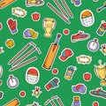 Outfit and accessories for cricket. Bright color icons on a green background. Seamless vector pattern. Royalty Free Stock Photo