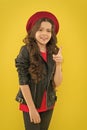 Outfit ideas every stylish girl should try. Girl curly hair wear leather jacket. Little rock star concept. Brutal style Royalty Free Stock Photo