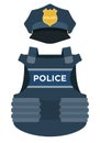 Uniform element of a police cap and body armor vector icon flat isolated. Royalty Free Stock Photo