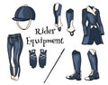 Outfit rider a set of clothes for a jockey boots pedjak pants whip helmet in cartoon style