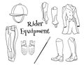 Outfit rider a set of clothes for a jockey boots pedjak pants whip helmet in line style coloring books.