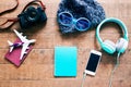 Outfit of traveler, student, teenager or young woman. Overhead o Royalty Free Stock Photo