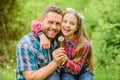 Outgrow allergies. Biggest pollen allergy questions. Father little girl enjoy summertime. Dad and daughter blowing Royalty Free Stock Photo