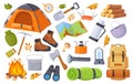 Outing equipment. Camping equipments, cartoon travel trekking scouts tool, hiking gear adventure trip rucksack tent camp