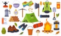 Outing equipment for hiking trips. Summer travel and camp adventure outdoor icon set. Collection of tourist tool and campground.