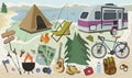 Outing equipment. Summer vacation items. Tourism concept. Hiking and camping collection