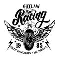 Outlaw racing. Emblem template with biker skull. Design element for poster, t shirt, sign, label, logo Royalty Free Stock Photo