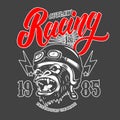 Outlaw Racing. Emblem template with cartoon racer gorilla. Design element for logo, label, sign, emblem, poster.