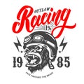 Outlaw Racing. Emblem template with cartoon racer gorilla. Design element for logo, label, sign, emblem, poster.