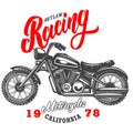 Outlaw racing. Emblem template with old style motorcycle. Design element for logo, label, sign, emblem, poster.