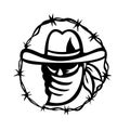 Outlaw Wearing Face Mask with Barbed Wire Ring Mascot Black and White Royalty Free Stock Photo