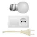 Outlet with plug, light bulb.