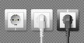 Outlet with power cord. Realistic white and black plastic sockets, electrical power supply. Electric plugs with cable Royalty Free Stock Photo