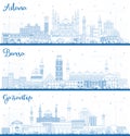 Outline Adana, Bursa and Gaziantep Turkey City Skylines with Blue Buildings