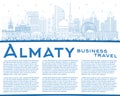 Outline Almaty Kazakhstan City Skyline with Blue Buildings and Copy Space. Vector Illustration. Almaty Cityscape with Landmarks Royalty Free Stock Photo