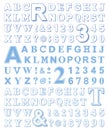 Outline alphabet and symbols set in light blue