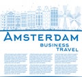 Outline Amsterdam city skyline with blue buildings and copy space Royalty Free Stock Photo
