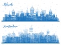 Outline Amsterdam Holland and Helsinki Finland City Skyline Set Royalty Free Stock Photo