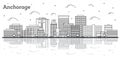 Outline Anchorage Alaska City Skyline with Modern Buildings and Reflections Isolated on White
