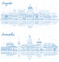 Outline Annapolis Maryland and Augusta Maine City Skylines with Blue Buildings and Reflections