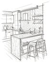 Outline architectural sketch of modern kitchen interior. Royalty Free Stock Photo
