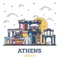Outline Athens Greece City Skyline with Colored Historic Buildings Isolated on White