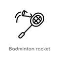 outline badminton racket and feather vector icon. isolated black simple line element illustration from sports concept. editable Royalty Free Stock Photo