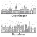 Outline Barcelona Spain and Copenhagen Denmark City Skyline Set