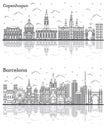 Outline Barcelona Spain and Copenhagen Denmark City Skyline Set