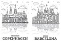 Outline Barcelona Spain and Copenhagen Denmark City Skyline set with Historic Buildings and reflections Isolated on White.