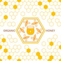 Outline bee symbol and seamless background with honeycombs.