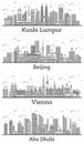 Outline Beijing China, Vienna Austria, Kuala Lumpur Malaysia and Abu Dhabi United Arab Emirates City Skylines with Modern