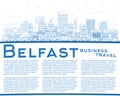 Outline Belfast Northern Ireland City Skyline with Blue Buildings and Copy Space