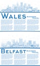 Outline Belfast Northern Ireland and Wales City Skyline set with Blue Buildings and Copy Space