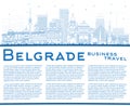 Outline Belgrade Serbia City Skyline with Blue Buildings and Copy Space