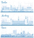 Outline Berlin, Bonn and Hamburg City Skylines Set with Blue Buildings